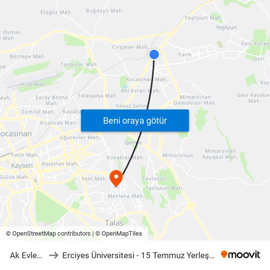 Ak Evler 1 to Erciyes Üniversitesi - 15 Temmuz Yerleşkesi map