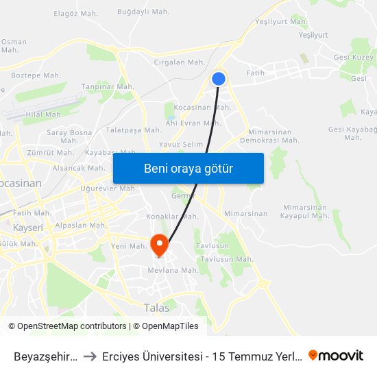 Beyazşehir 19 to Erciyes Üniversitesi - 15 Temmuz Yerleşkesi map