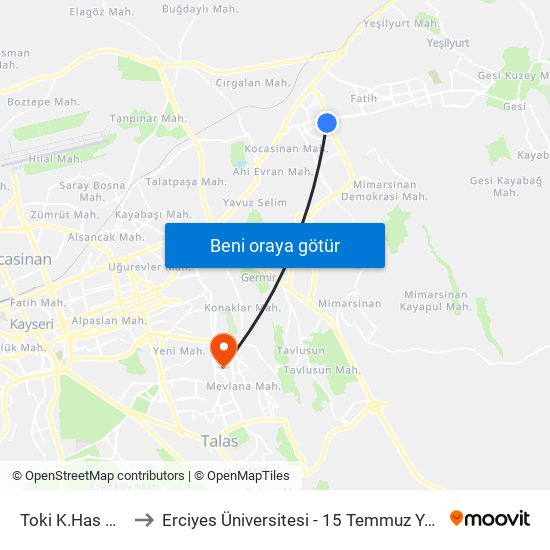 Toki K.Has Blv.-1 to Erciyes Üniversitesi - 15 Temmuz Yerleşkesi map