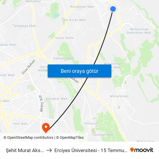 Şehit Murat Aksoğan 2 to Erciyes Üniversitesi - 15 Temmuz Yerleşkesi map