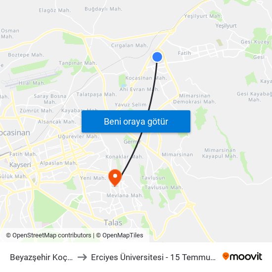 Beyazşehir Koçkaya 3 to Erciyes Üniversitesi - 15 Temmuz Yerleşkesi map