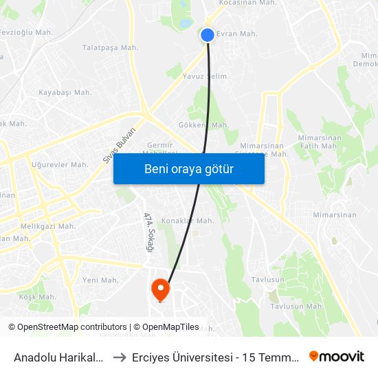 Anadolu Harikalar Diyarı to Erciyes Üniversitesi - 15 Temmuz Yerleşkesi map