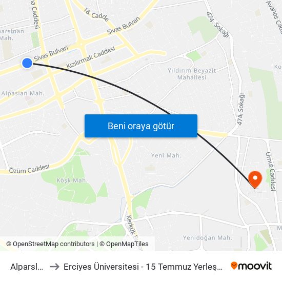 Alparslan to Erciyes Üniversitesi - 15 Temmuz Yerleşkesi map