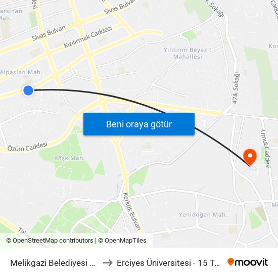 Melikgazi Belediyesi Zabita Karakolu to Erciyes Üniversitesi - 15 Temmuz Yerleşkesi map