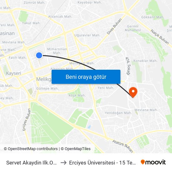 Servet Akaydin Ilk.Ogretim Okulu to Erciyes Üniversitesi - 15 Temmuz Yerleşkesi map