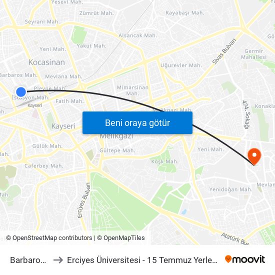 Barbaros 1 to Erciyes Üniversitesi - 15 Temmuz Yerleşkesi map