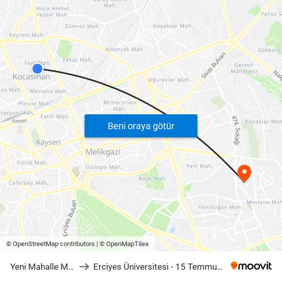 Yeni Mahalle Meydani to Erciyes Üniversitesi - 15 Temmuz Yerleşkesi map