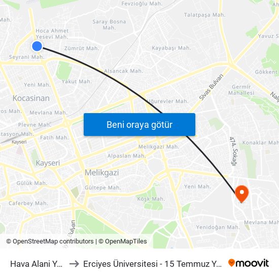 Hava Alani Yolu 2 to Erciyes Üniversitesi - 15 Temmuz Yerleşkesi map