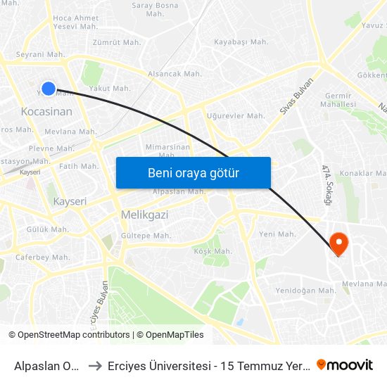 Alpaslan Okulu to Erciyes Üniversitesi - 15 Temmuz Yerleşkesi map