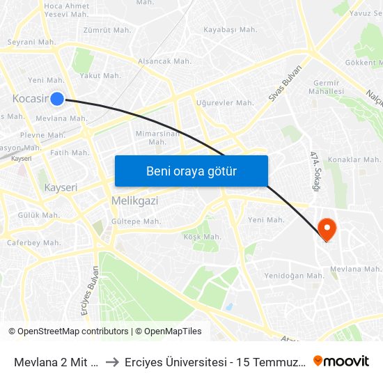 Mevlana 2 Mit Binasi to Erciyes Üniversitesi - 15 Temmuz Yerleşkesi map