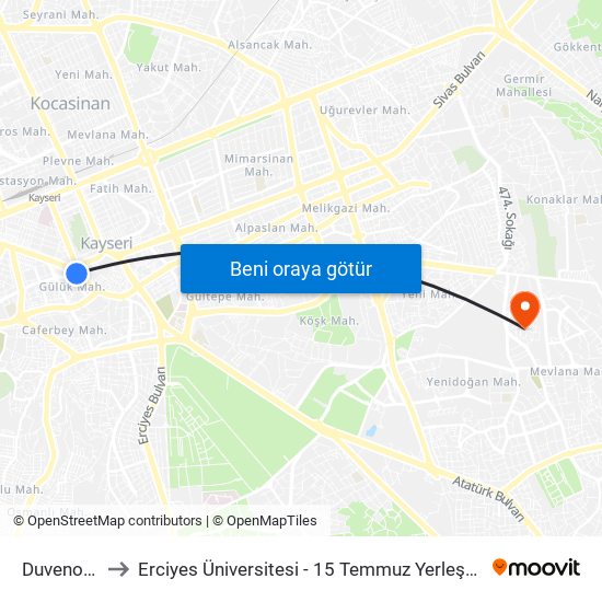 Duvenonu to Erciyes Üniversitesi - 15 Temmuz Yerleşkesi map