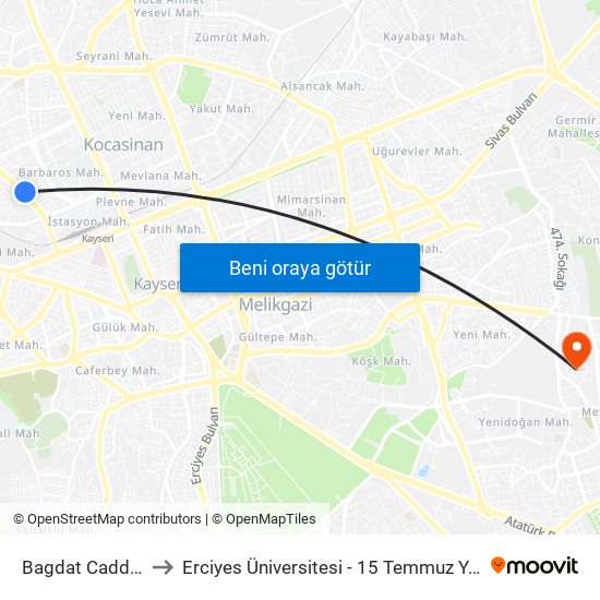 Bagdat Caddesi 2 to Erciyes Üniversitesi - 15 Temmuz Yerleşkesi map