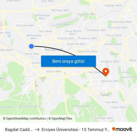 Bagdat Caddesi 9 to Erciyes Üniversitesi - 15 Temmuz Yerleşkesi map