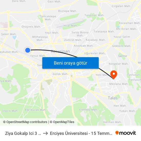 Ziya Gokalp Ici 3 Tesisler to Erciyes Üniversitesi - 15 Temmuz Yerleşkesi map