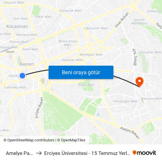 Amelye Pazari to Erciyes Üniversitesi - 15 Temmuz Yerleşkesi map