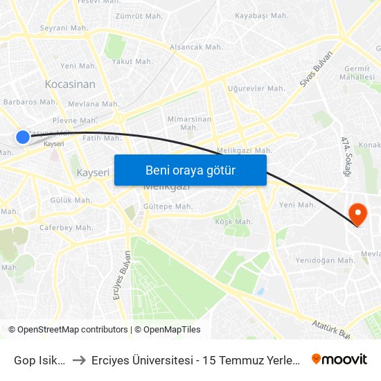 Gop Isiklar to Erciyes Üniversitesi - 15 Temmuz Yerleşkesi map