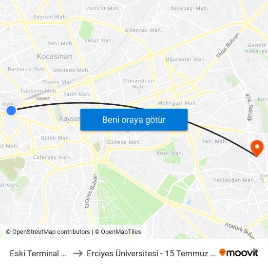 Eski Terminal Arkasi to Erciyes Üniversitesi - 15 Temmuz Yerleşkesi map