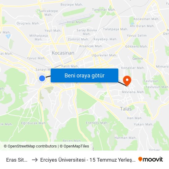 Eras Sitesi to Erciyes Üniversitesi - 15 Temmuz Yerleşkesi map