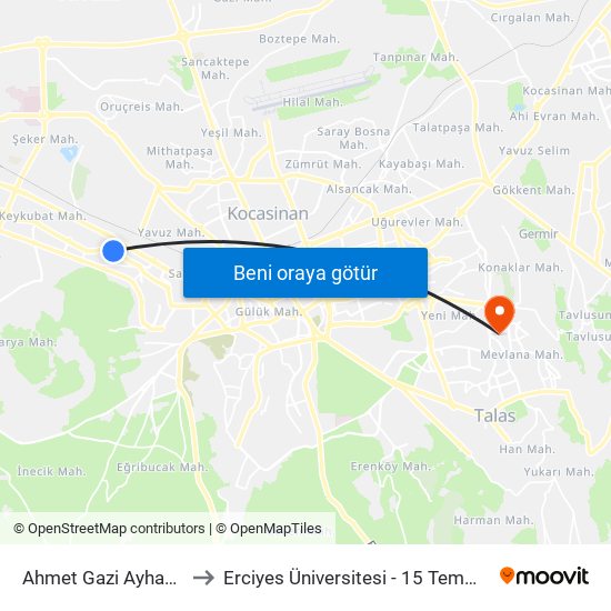 Ahmet Gazi Ayhan 7 Belsin to Erciyes Üniversitesi - 15 Temmuz Yerleşkesi map