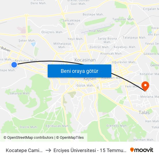 Kocatepe Cami Belsin to Erciyes Üniversitesi - 15 Temmuz Yerleşkesi map