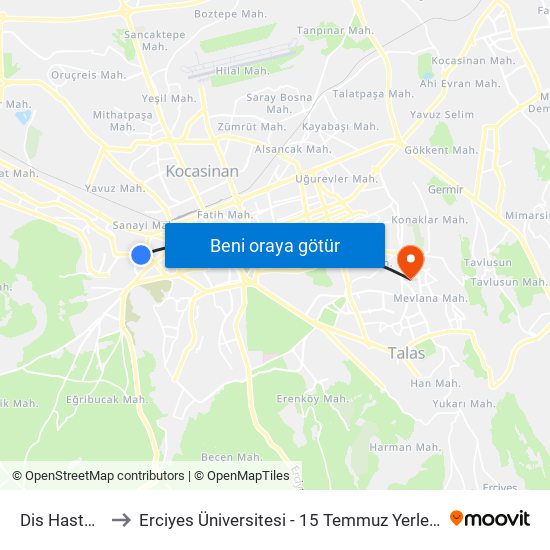 Dis Hastane to Erciyes Üniversitesi - 15 Temmuz Yerleşkesi map