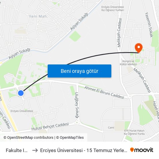 Fakulte Ici 3 to Erciyes Üniversitesi - 15 Temmuz Yerleşkesi map