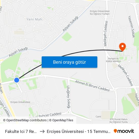 Fakulte Ici 7 Rektorluk to Erciyes Üniversitesi - 15 Temmuz Yerleşkesi map