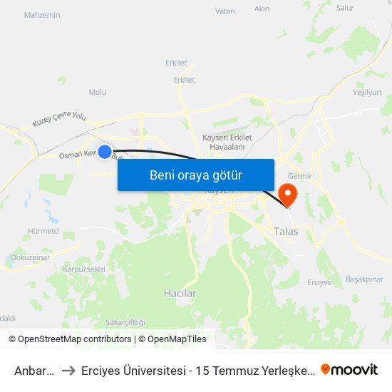 Anbar 7 to Erciyes Üniversitesi - 15 Temmuz Yerleşkesi map