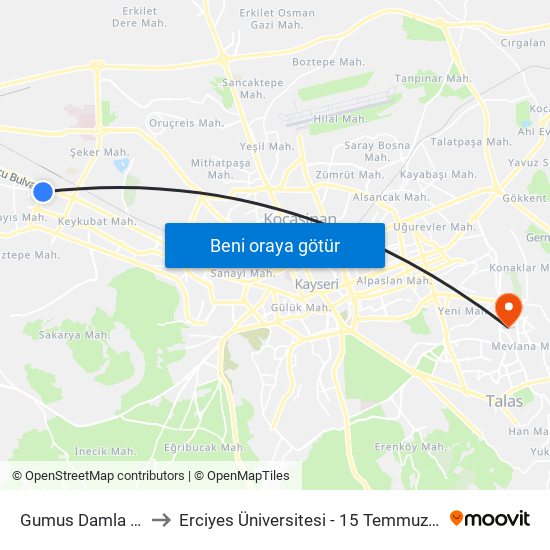 Gumus Damla Belsin to Erciyes Üniversitesi - 15 Temmuz Yerleşkesi map