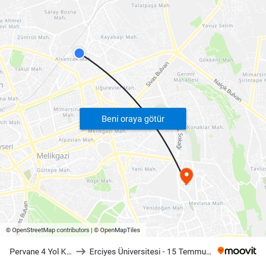 Pervane 4 Yol Kavsagi to Erciyes Üniversitesi - 15 Temmuz Yerleşkesi map