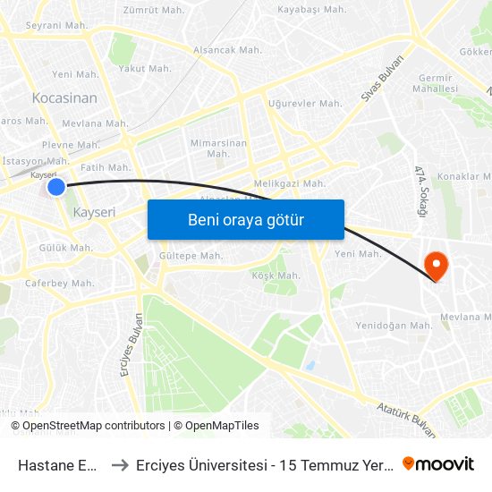 Hastane Emek to Erciyes Üniversitesi - 15 Temmuz Yerleşkesi map