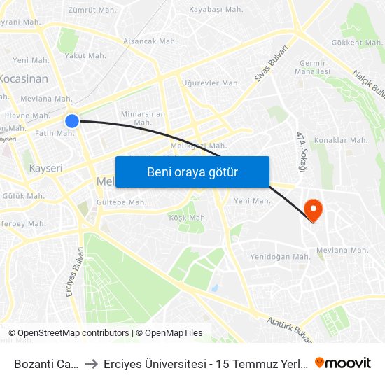Bozanti Cad 3 to Erciyes Üniversitesi - 15 Temmuz Yerleşkesi map