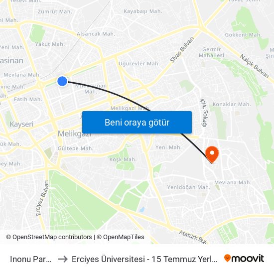 Inonu Parki 2 to Erciyes Üniversitesi - 15 Temmuz Yerleşkesi map