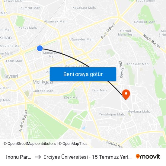 Inonu Parki 3 to Erciyes Üniversitesi - 15 Temmuz Yerleşkesi map