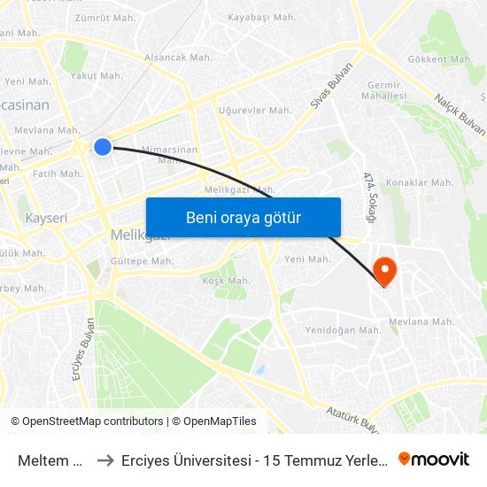 Meltem Apt to Erciyes Üniversitesi - 15 Temmuz Yerleşkesi map