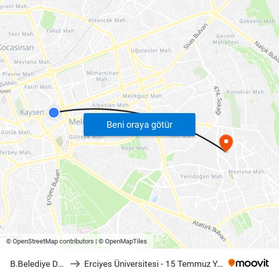 B.Belediye Duragi to Erciyes Üniversitesi - 15 Temmuz Yerleşkesi map