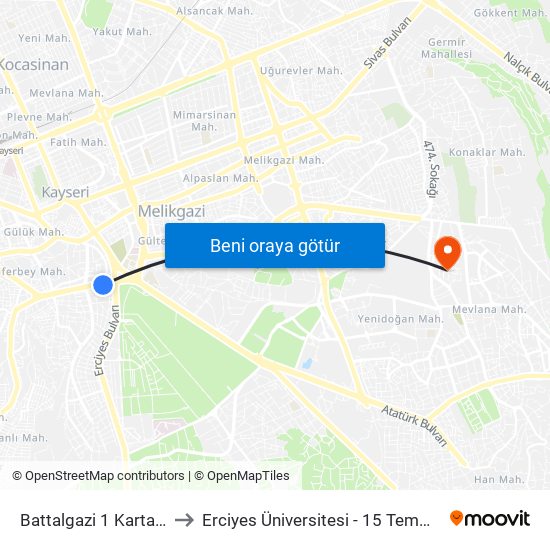 Battalgazi 1 Kartal Kavsagi to Erciyes Üniversitesi - 15 Temmuz Yerleşkesi map