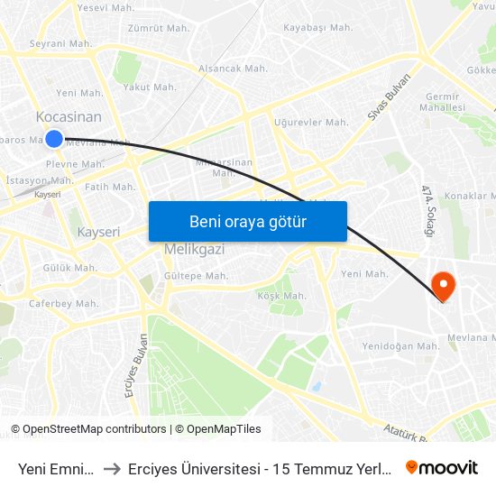 Yeni Emniyet to Erciyes Üniversitesi - 15 Temmuz Yerleşkesi map