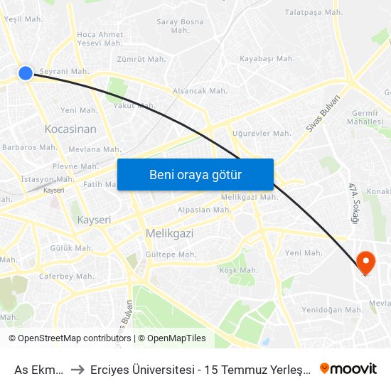 As Ekmek to Erciyes Üniversitesi - 15 Temmuz Yerleşkesi map