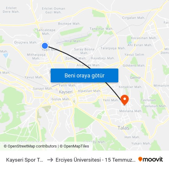 Kayseri Spor Tesisler to Erciyes Üniversitesi - 15 Temmuz Yerleşkesi map