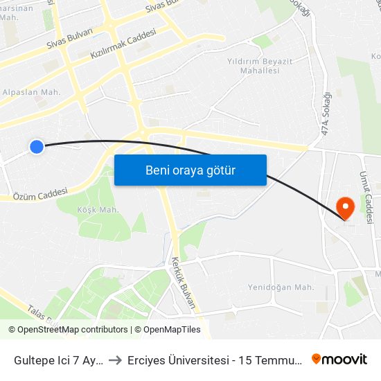 Gultepe Ici 7 Aygul St. to Erciyes Üniversitesi - 15 Temmuz Yerleşkesi map