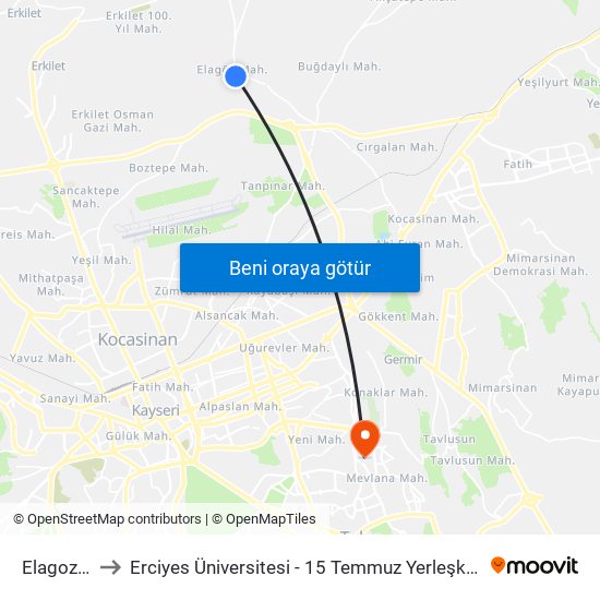 Elagoz 2 to Erciyes Üniversitesi - 15 Temmuz Yerleşkesi map