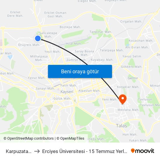 Karpuzatan 4 to Erciyes Üniversitesi - 15 Temmuz Yerleşkesi map