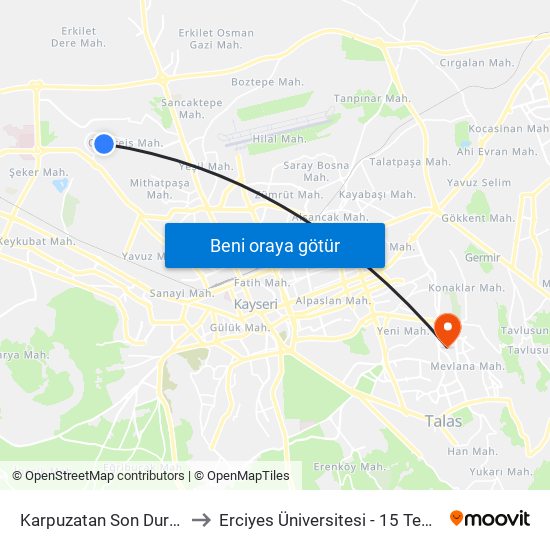 Karpuzatan Son Durak Muhtarlik to Erciyes Üniversitesi - 15 Temmuz Yerleşkesi map