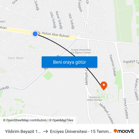 Yildirim Beyazit 16 Mudur to Erciyes Üniversitesi - 15 Temmuz Yerleşkesi map