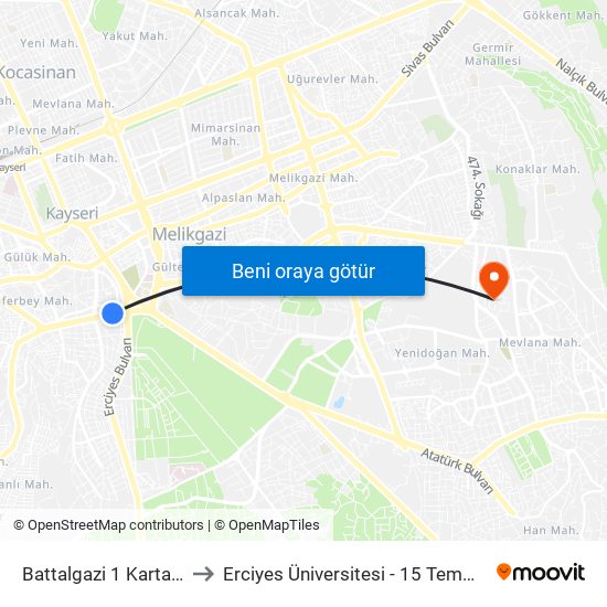 Battalgazi 1 Kartal Kavsagi to Erciyes Üniversitesi - 15 Temmuz Yerleşkesi map