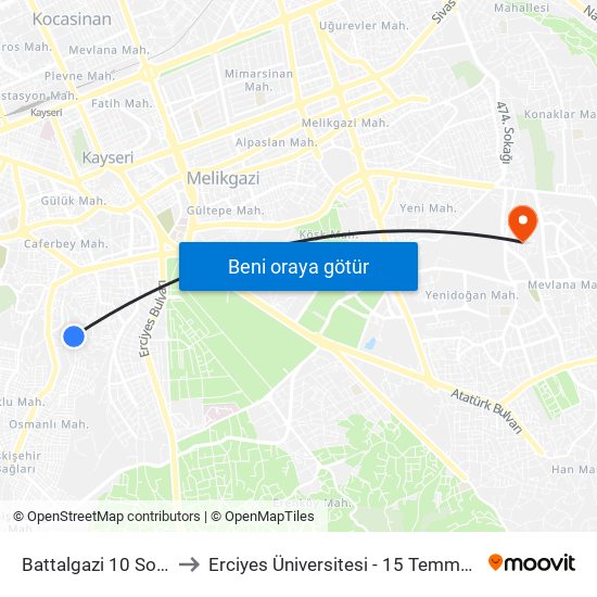 Battalgazi 10 Son Durak to Erciyes Üniversitesi - 15 Temmuz Yerleşkesi map