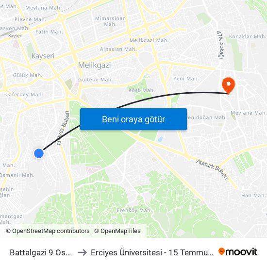 Battalgazi 9 Osmanli 1 to Erciyes Üniversitesi - 15 Temmuz Yerleşkesi map