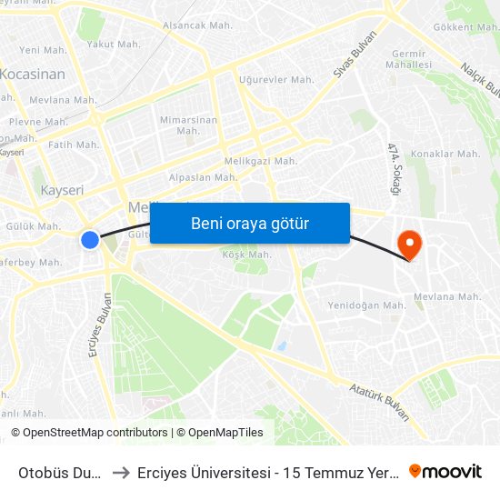 Otobüs Durağı to Erciyes Üniversitesi - 15 Temmuz Yerleşkesi map