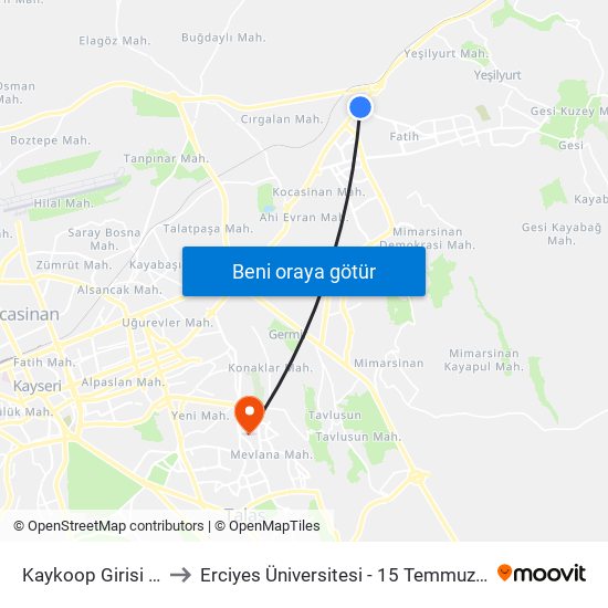 Kaykoop Girisi Isiklar to Erciyes Üniversitesi - 15 Temmuz Yerleşkesi map